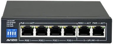 Šakotuvas AVIZIO komutatorius 4x RJ45 PoE 1Gb/s + 2x RJ45 Uplink 1Gb/s