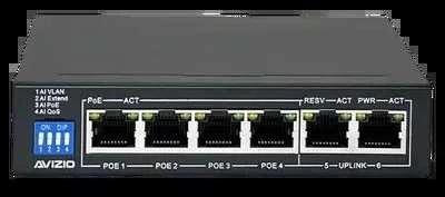 Šakotuvas AVIZIO komutatorius 4x RJ45 PoE 1Gb/s + 2x RJ45 Uplink 1Gb/s