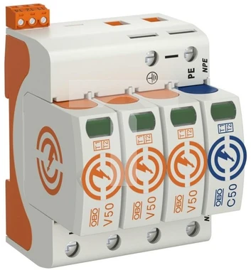 OBO Bettermann 5093533 Viršįtampių ribotuvas B+C 1+2 tipas 3P+N 12,5kA 280V V50-3+NPE+FS-280 5093533