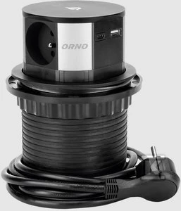 Orno Lizdas Baldinis lizdas Ø10cm, ištraukiamas iš stalo su indukciniu įkrovikliu, USB įkrovikliu ir 1,5m laidu, 3x2P+Z, Qi 1.2.4 maks. 10W, USB A+C QC 3.0