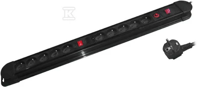 Orno Listwa Ilgintuvas, 10 lizdų 2P+Z, laidas 3x1,5mm2, ilgis 1,5m, 2x apšviečiami dvipoliai jungikliai, šiluminė apsauga. 16A/230 VAC, juodas