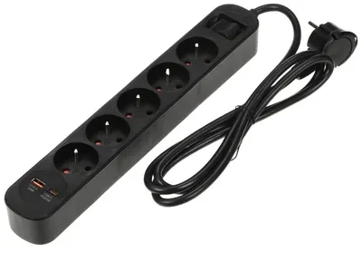 Orno Listwa Apsauginė juostelė nuo viršįtampių, 5 lizdai 2P+Z (prancūziškas), laidas 3x1,5 mm, ilgis 1,5 m, su apšviestu dvipusiu jungikliu, 16 A, apsauga nuo viršįtampių, įkroviklis 2xUSB, 2.1 A, plokščias kištukas, juodas