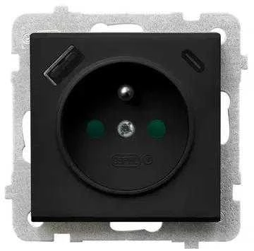 Ospel GP-1RZPUSBAC/m/33 SONATA Viengubas lizdas su įžeminimu ir srovės kelio skląsčiais, su USB A+C įkrovikliu, juodos metalinės spalvos GP-1RZPUSBAC/m/33