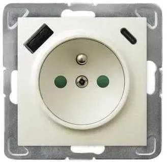 Ospel GP-1YZPUSBAC/m/27 IMPRESJA Viengubas lizdas su įžeminimu ir srovės kelio skląsčiais, su USB įkrovikliu A+C, ekru GP-1YZPUSBAC/m/27