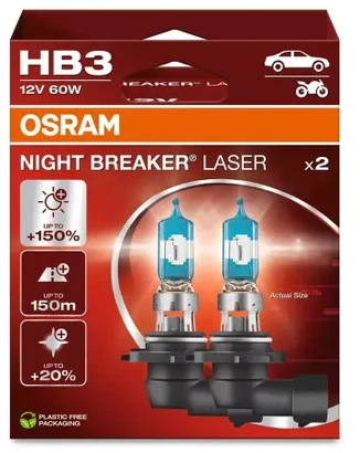 Osram Żarówka (Rinkinys 2vnt..) HB3 12V 60W P20D do 150 m. długości wiązki światła, do 150% większa jasność, do 20% bielsze światło Night Breaker lazerinis, balta