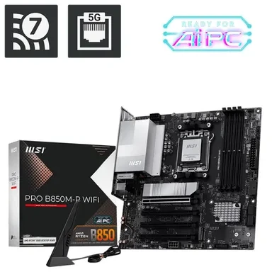 Pagrindinė plokštė MSI PRO B850M-P WIFI | Procesorių šeima AMD B850 | Procesoriaus lizdas AM5 | DDR5 | Palaikomos standžiojo disko sąsajos SATA, M.2 | SATA jungčių skaičius 4