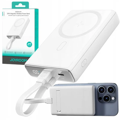 Powerbank Joyroom JR-PBM01 magnetic 10000mAh 20W su stoveliu + Lightning kabelis - USB-C - baltos spalvos