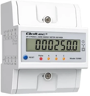 „Qoltec 50980“ trifazis elektroninis skaitiklis su atstatymu | Energijos suvartojimo skaitiklis ant DIN bėgelio | 400 V | 100 A | LCD | LED | 4P