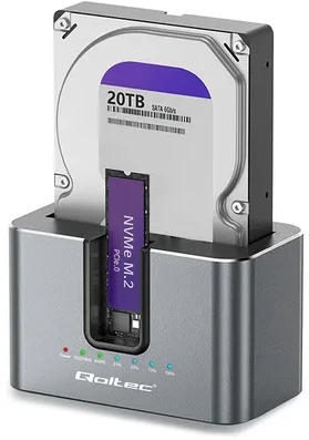 Qoltec 52631 HDD SSD prijungimo stotelė | SATA | M.2 NVMe | klonavimas | USB-C | 10 Gb/s | 28 TB