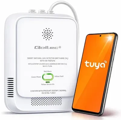 Qoltec 52651 gamtinių dujų nuotėkio jutiklis | CH4 detektorius | NG | Tuya | Wi-Fi | 85dB signalizacija | LED