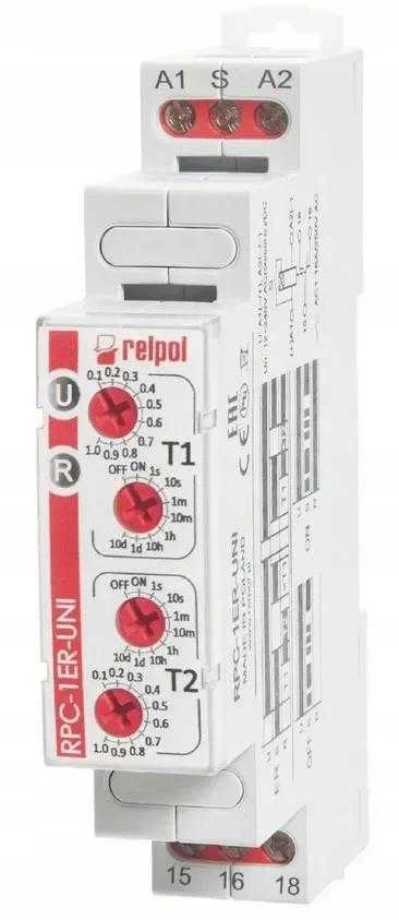 Relpol Laiko relė 1P 1 sek.-10 dienų 12-240V AC/DC 50/60 Hz uždelstas įjungimas ir išjungimas RPC-1ER-UNI 863185