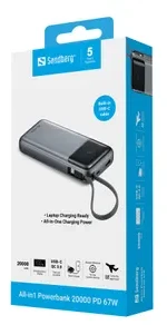Sandberg 20000 mAh powerbankas su integruotu USB-C laidu, PD 67 W