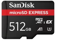 Atminties kortelė „SanDisk Express Micro SD“ 512 GB, R 880 MB/s, W 650 MB/s, ilgalaikis įrašymo greitis 210 MB/s, U3, C10