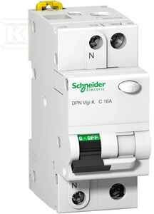 Schneider Electric „Schneider“ liekamasis grandinės pertraukiklis 2P 16A B 0,03A tipo AC DPN Vigi K - A9D22616
