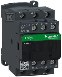 Schneider Electric Schneider maitinimo kontaktorius 3P 18A 24V DC 1NO 1NC - LC1D18BD