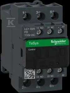 Schneider Electric Schneider maitinimo kontaktoriaus TeSys D AC3 25A 3P 1NO 1NC ritės 110 VDC dėžutės gnybtai (LC1D25FD)