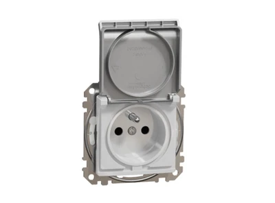 Schneider Electric Sedna Design, 2P+PE lizdas su IP44 langinėmis, sidabrinis aliuminis