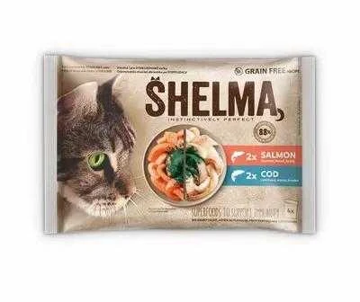 Kačių Maistas - SHELMA Lašiša ir Menkė padaže Drėgnas Kačių Maistas 4x85g