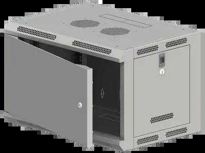 Sieninė spintelė 19" 6U 600x500, neskaidoma, vienvėrės METAL DURYS, pilnas galinis dangtis, kilnojami perforuoti šoniniai dangčiai, pilka spalva, 4 sijos, FLAT PACK ALANTEC