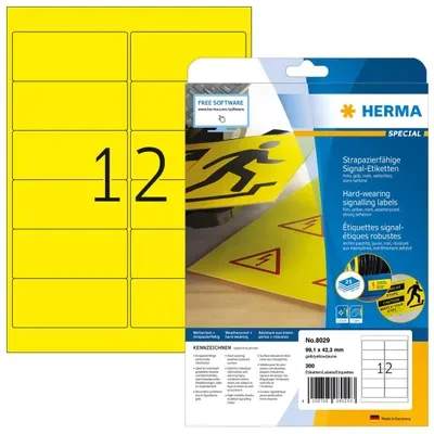 Herma vandeniui atsparios plėvelės etiketės, Geltona, A4, 99,1 x 42,3 mm, ypač stiprus sukibimas – 8029