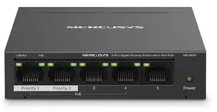 „Mercusys“ 5 prievadų gigabito darbalaukio komutatorius su 4 prievadų „PoE+“ palaikymu
