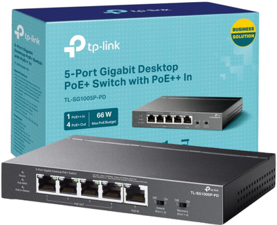 Šakotuvas TP-LINK | 5 prievadų gigabito stalinis komutatorius su 4 prievadų PoE | TL-SG1005P-PD | Nevaldomas | Tvirtinamas prie darbalaukio / sienos