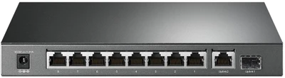 Šakotuvas TP-LINK 10 prievadų Gigabit PoE+ jungiklis 8 Gigabit PoE+ prievadai, 1 Gigabit RJ45 prievadai ir 1 Gigabit SFP lizdai 802.3at/af 63W PoE galia