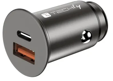 TECHLY mini automobilinis įkroviklis USB-A ir USB-C greitas įkrovimas 3.0 38W Juodas metalas