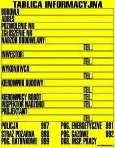 Statybos informacinė lenta geltona su duomenų laukais