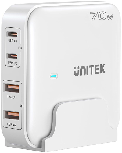 GaN tinklo įkroviklis - Unitek P1228AWH01-EU | 70 W 2x USB-C 2x USB-A