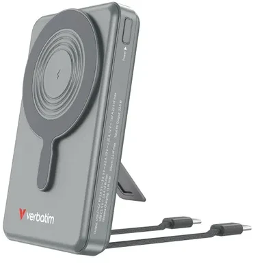 Išorinė baterija Verbatim Charge n Go 10000mAh su stovu, magnetiniu belaidžiu įkrovimu, TFT ekranu, 2xUSB-C laidu, pilka