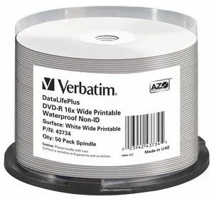1x50 Verbatim DVD-R 4,7GB 16x platus, blizgus vandeniui atsparus spaudinys