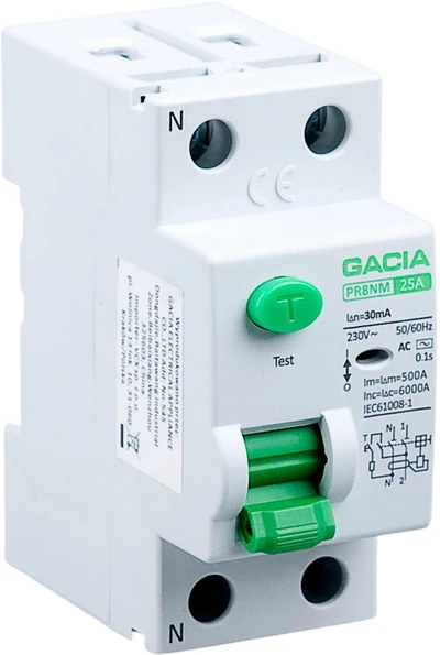 6kA 2P 25A 30mA diferencialinis automatinis jungiklis, tipas: AC GACIA PR8NM 2P 25A 30MA AC