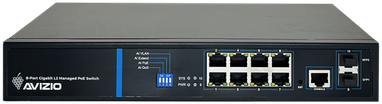 Šakotuvas Valdomas L2 komutatorius (jungiklis) 8 RJ45 PoE+ 1Gb/s prievadai + 2 SFP Uplink 1Gb/s prievadai + 1 RJ45 konsolės prievadas (galios sąnaudos 150W) AVIZIO