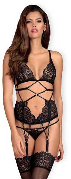 Obsessive - Mixty Corset & Thong Juodas L/XL korseto ir stringų rinkinys