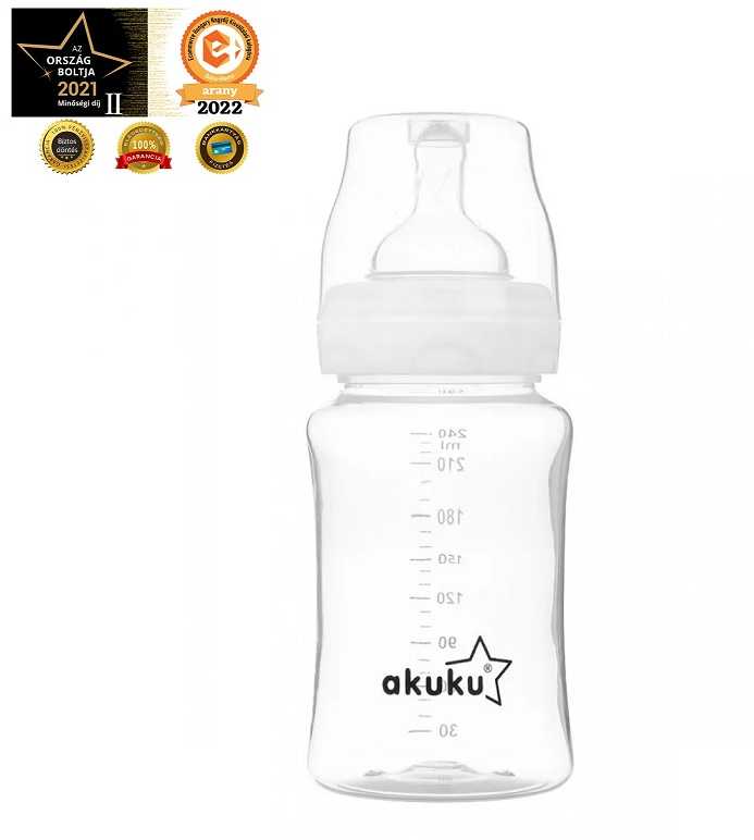 Akuku buteliukas 240 ml., plataus kaklelio, nesukeliantis dieglių, A0107
