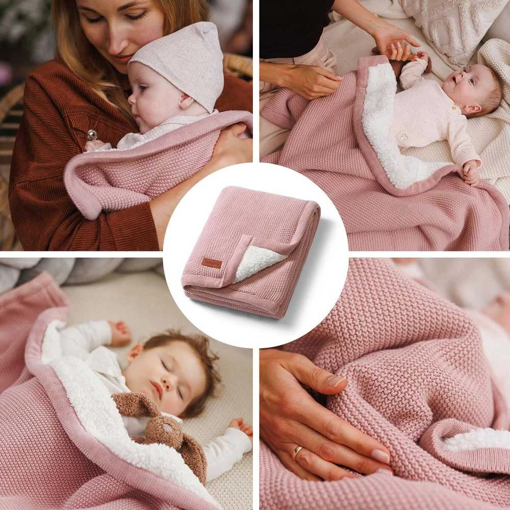 Babyono rožinis vaikiškas pledas su flisu – naudojimo koliažas