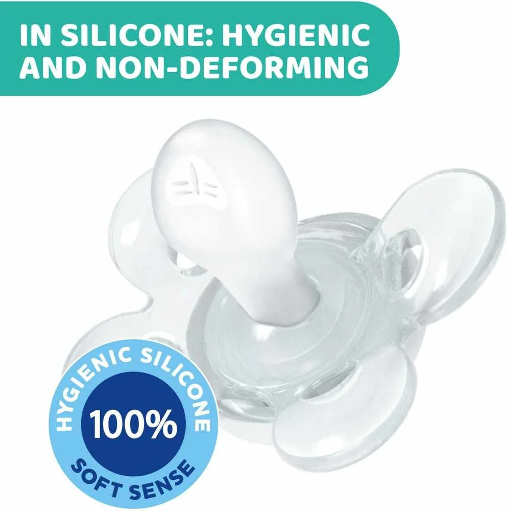 CHICCO Ortodontinis žindukas PHYSIO COMFORT su sterilizavimo dėklu, 0-6M, Iš "Mum effect" silikono