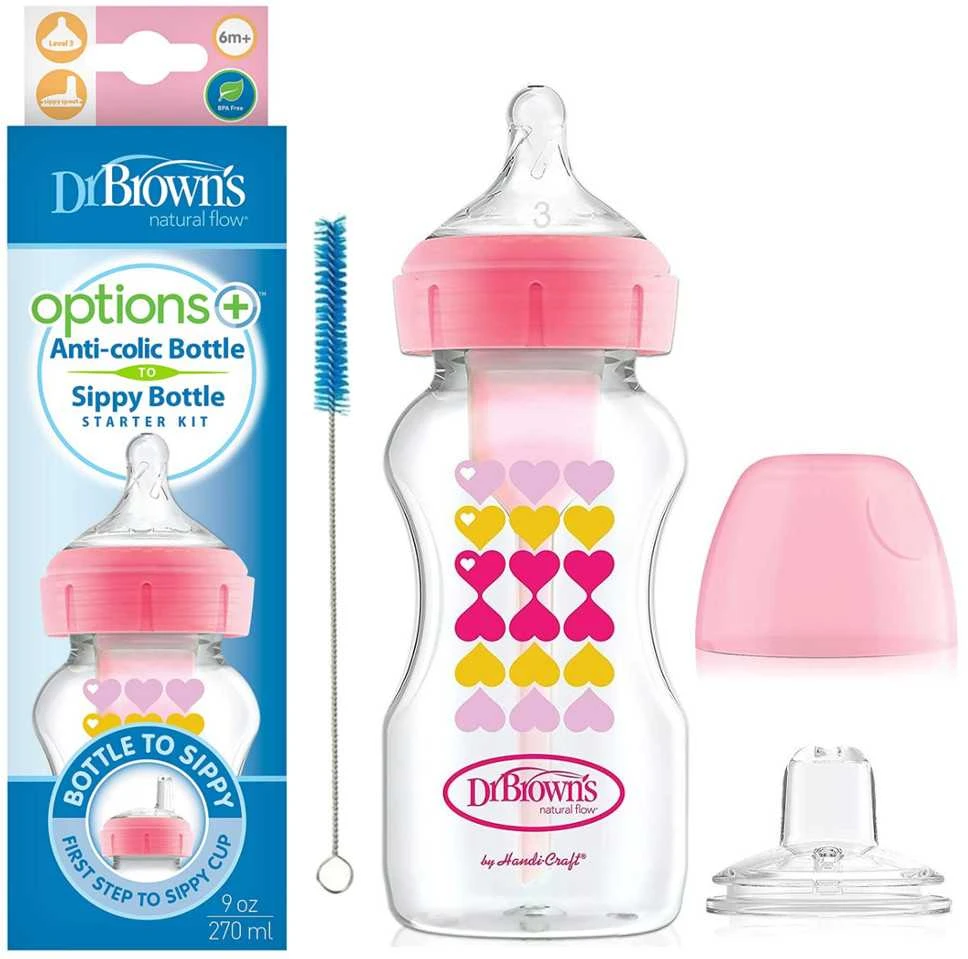 DR. BROWN'S OPTIONS+ 270 ml pereinamasis buteliukas plačiu kakleliu + silikoninis snapelis, rožinis