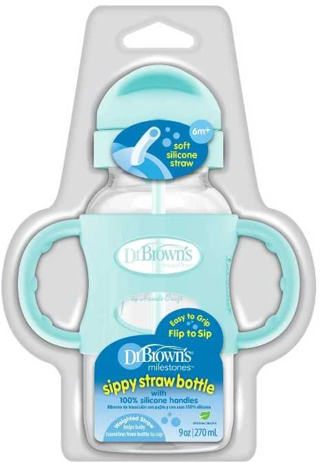 DR. BROWN'S Buteliukas plačiu kakleliu su šiaudeliu ir svareliu, 270 ml, žalias