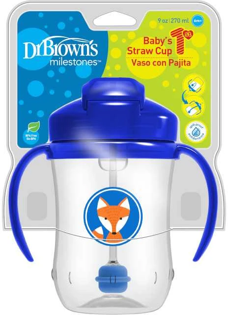 DR. BROWN'S gertuvė su šiaudeliu ir svareliu 270ml, mėlyna