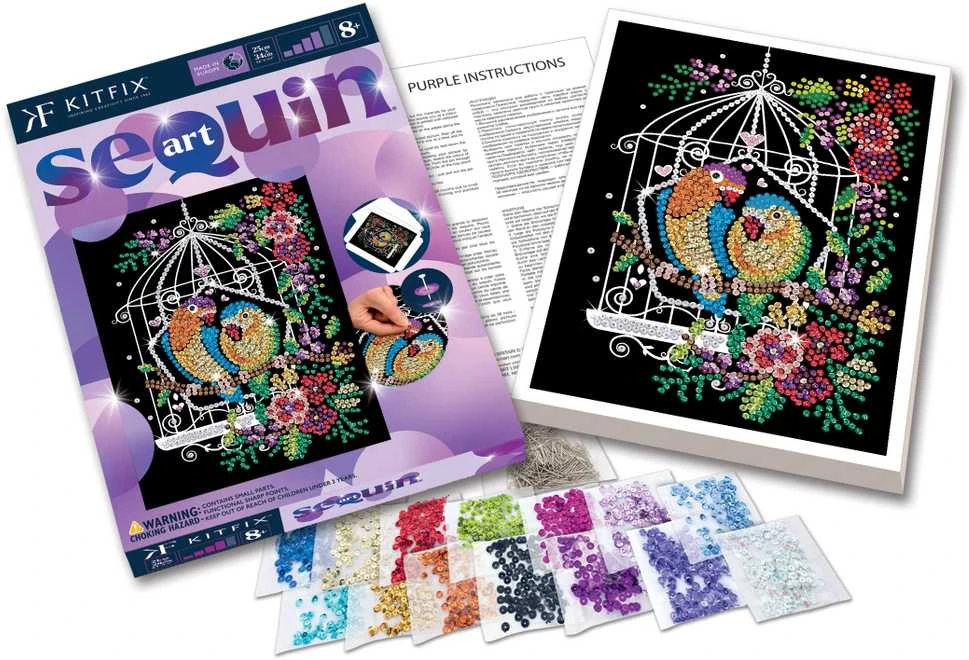 KITFIX DIY „Sequin Art“ violetinis rinkinys „Paukščiai narvelyje“