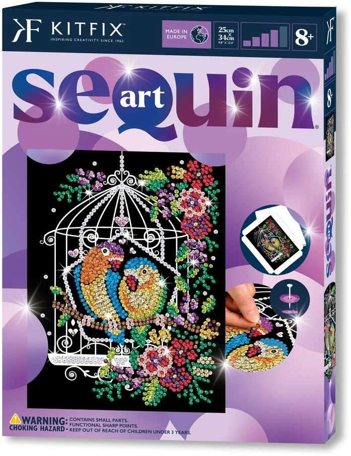 KITFIX DIY „Sequin Art“ violetinis rinkinys „Paukščiai narvelyje“