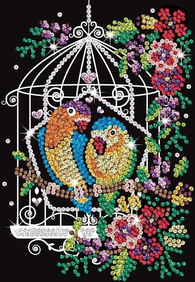 KITFIX DIY „Sequin Art“ violetinis rinkinys „Paukščiai narvelyje“