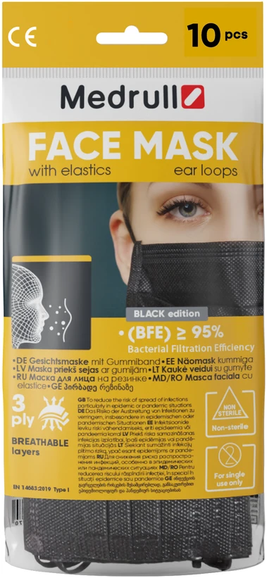 Medrull MEDICININĖS kaukės veidui (3 sluoksnių), 10 vnt., JUODOS