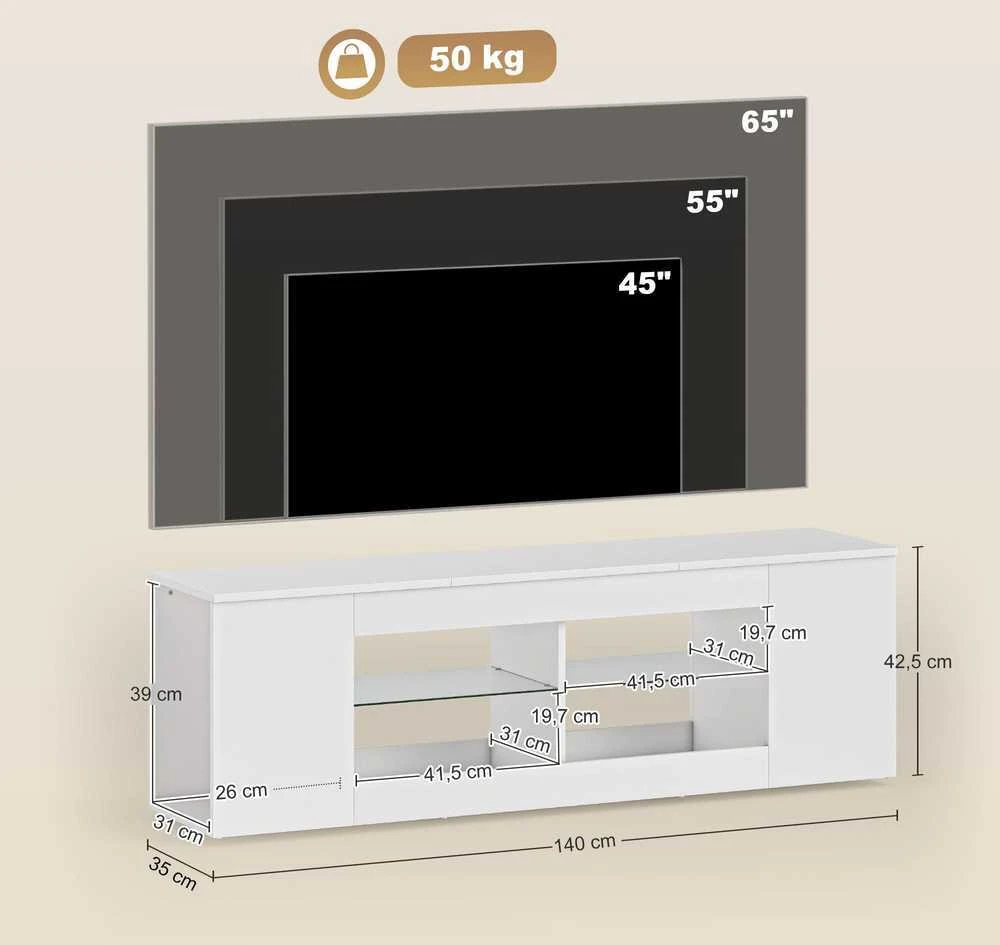 TV staliukas 140 cm TV stovas, televizoriaus komoda, 6 skyriai, 2 stiklinės lentynos, medžio drožlių plokštė, balta