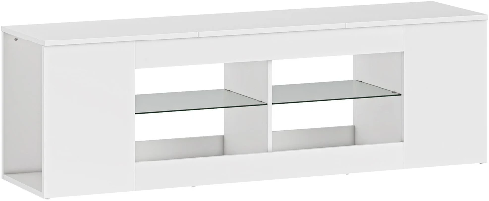 TV staliukas 140 cm TV stovas, televizoriaus komoda, 6 skyriai, 2 stiklinės lentynos, medžio drožlių plokštė, balta