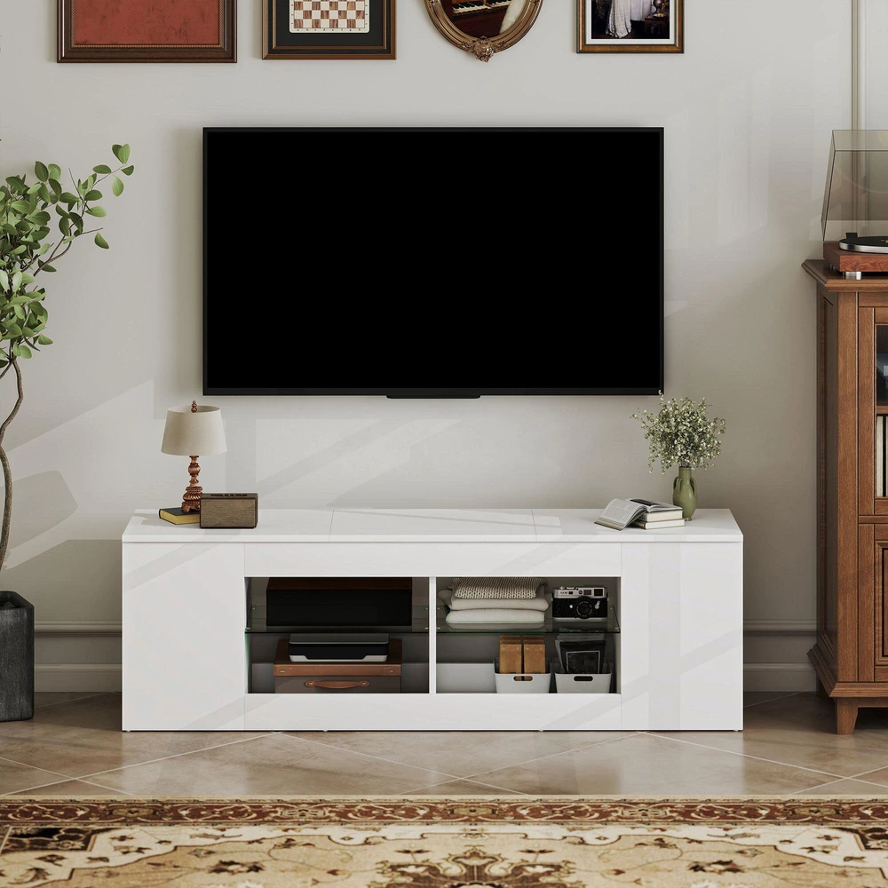 TV staliukas 140 cm TV stovas, televizoriaus komoda, 6 skyriai, 2 stiklinės lentynos, medžio drožlių plokštė, balta