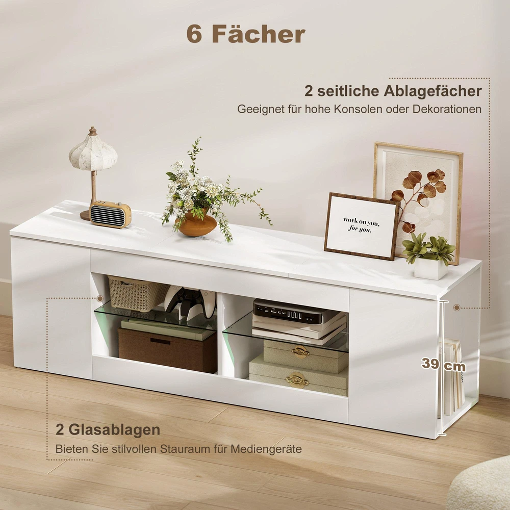 TV staliukas 140 cm TV stovas, televizoriaus komoda, 6 skyriai, 2 stiklinės lentynos, medžio drožlių plokštė, balta