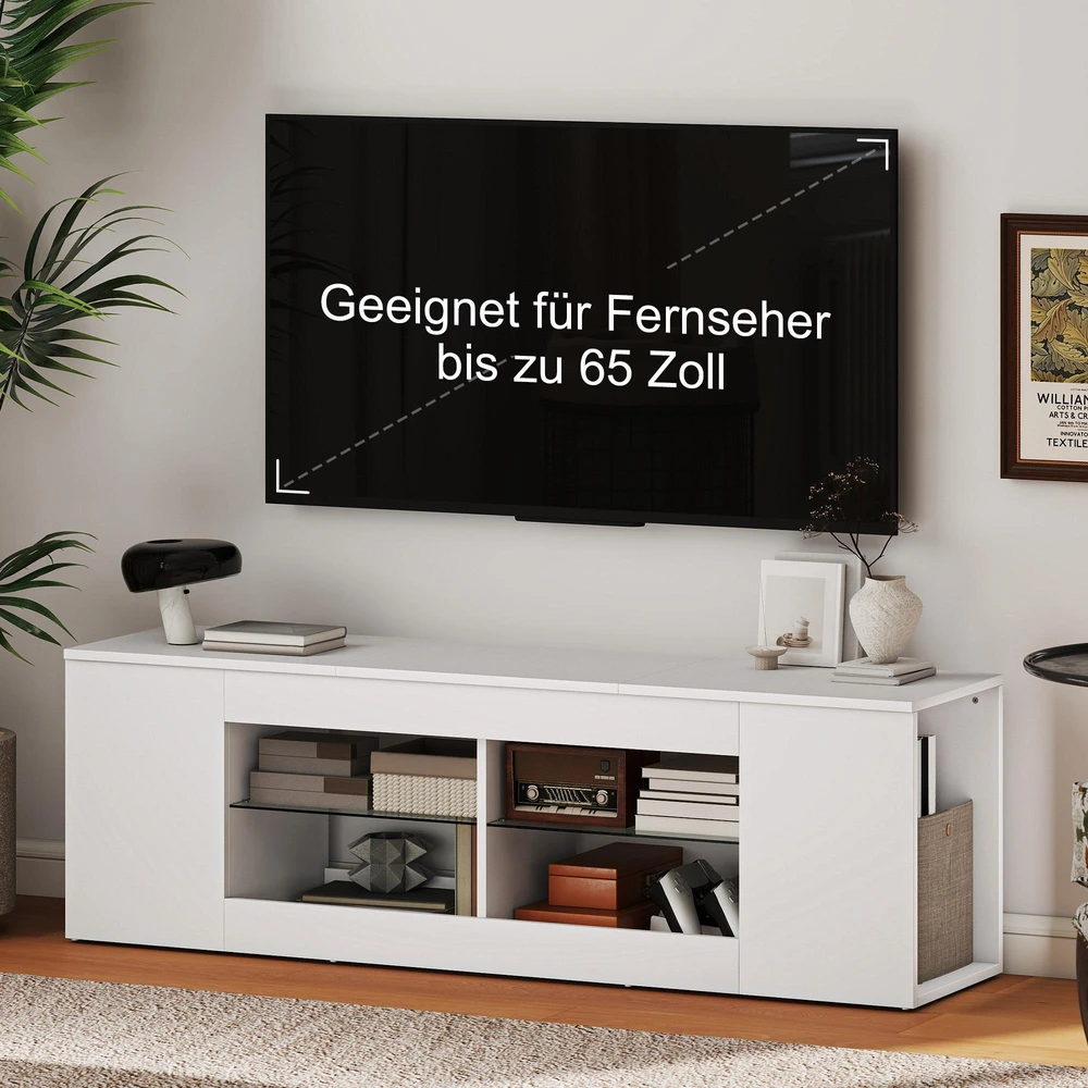 TV staliukas 140 cm TV stovas, televizoriaus komoda, 6 skyriai, 2 stiklinės lentynos, medžio drožlių plokštė, balta